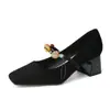5688-17 Sapatos Mary Jane Elegantes Estilo Coreano Salto Médio de 5cm Corrente de Ágata Sapatilhas Boca Rasa Primavera e Verão