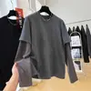 Camiseta Cartoon Engrossada Falsa Duas Peças Manga Longa Tamanho Plus Size Europeu 120kg para Mulheres, Outono e Inverno Solta Estilo College Roupa de Baixo