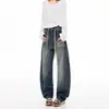 2026 Novo Outono e Inverno Estilo Americano Desgastado Design Plissado Cordão Unissex Confortável Calça Jeans Modelagem Solta