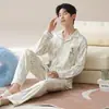 Algodão PuroPijama Masculino de Manga Longa com Gola Reversível, Conjunto de Pijama Listrado Outono para Jovens com Desenho Animado, Corte Amplo