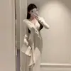 Vestido Irregular Largo de Manga Larga con Fruncido en la Cintura, Color Sólido, Cuello en V Cruzado para Mujer, Estilo Elegante de Socialité, Adelgazante, para Primavera y Otoño