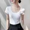Camiseta Básica de Algodón Puro de Manga Corta Ajustada para Mujer Verano Hombro Normal Color Sólido Top Entallado Adelgazante Cuello Amplio Camiseta de Capa Base