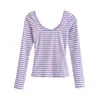 Camiseta sexy de rayas de manga larga para mujer, diseño de principios de otoño con espalda descubierta, tirantes cruzados en la espalda, corte ajustado y cuello en U pronunciado, estilo corto