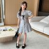 Traje estilo universitario vestido francés Cintura plisada Vestido camisero a rayas Shorts de cintura alta para niña Conjunto de dos piezas