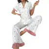 2027 Nuevo Conjunto de Pijama con Estampado de Corazón de Comercio Exterior para Mujer Dulce Solapa de Encaje Pantalón Largo Ropa de Casa Conjunto de Dos Piezas