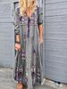 Vestido Longo Boho Europeu e Americano de Comércio Exterior Patchwork Estampa Floral com Amarração em Cordão e Mangas Longas