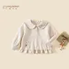 Moletom de Algodão Puro para Meninas Outono 2026 Novo Estilo Bonito Elegante Top com Gola para Bebês Crianças Renda Estilo Primavera e Outono