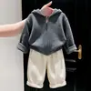 Suéter con capucha y cremallera de punto color gris oscuro para niño estilo coreano, novedad otoño e invierno 2026, y pantalones casuales de forro polar color albaricoque para niño