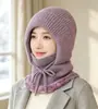 Novo chapéu de peça única de tricô quente com forro de fleece transfronteiriço para mulheres, chapéu de lã integrado com proteção para as orelhas e aquecedor de pescoço de inverno, chapéu à prova de vento para atividades ao ar livre
