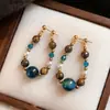 Pendientes de Perlas con Cuentas de Piedra Ojo de Tigre Azul, Estilo Retro, Diseño de Lujo Ligero, Pendientes de Piedra Ojo de Tigre Maillard Otoño e Invierno para Mujer