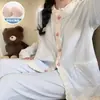 Pijama Estilo Princesa para Mujer, Primavera y Otoño, con Almohadillas en el Pecho, Mangas Largas, Corte Holgado, Estilo Delgado, Dulce y Casual Conjunto de Ropa para el Hogar para Mujer