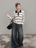 Ummoimoi Suéter de punto de manga larga a rayas color block con cuello tipo polo estilo coreano para mujer, diseño 2026, corte holgado, efecto adelgazante