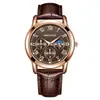 Reloj de Pulsera de Vestir para Hombre, Cuarzo Multifunción de Negocios, Esfera de Fase Lunar, Correa de Cuero Marrón