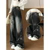 Chao Li tiene en stock Jeans Negros Mujer Otoño Nuevo Estilo Estampado de Dibujos Animados Cuadros Diseño de Solapa Pantalones Sueltos de Pierna Ancha