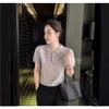 Polo de punto tipo lana fina de solapa para mujer primavera y verano delgado manga corta color sólido casual camiseta básica top versátil