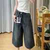 Jeans Americanos Retro Vintage Azules Cortos para Mujer, Verano Holgados Versátiles Casuales Lavados de Pierna Ancha Rectos Cortos