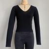 Camisa de Manga Longa Preta com Decote V de Alta Qualidade para Primavera e Outono, Canelada Fina, Base Esportiva, Camiseta Fitness Yoga Feminina Fábrica