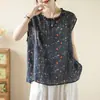 Blusa Sem Mangas de Algodão e Linho Estampada com Gola Babado, Botões nas Costas, Top Artístico Retrô Solto e Versátil para Mulheres