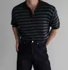 Camiseta de Rayas Texturizadas de Manga Corta para Hombre, Estilo Coreano de Verano, Polo de Punto de Alta Gama con Cuello Henry y Media Manga