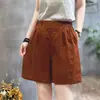 Calça Cropped Nova de Perna Larga para o Verão Casual Versátil Design de Calça Solta Decoração de Botão Shorts de Algodão e Linho Elástico
