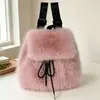 Mochila de felpa con cordón de piel sintética de zorro para otoño e invierno para mujer, bolso peludo versátil casual estilo coreano