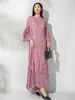 Vestido Plisado con Volantes para Mujer 2025 Otoño Nuevo Estilo Mangas de Campana Florales Color Sólido Cuello Redondo Pullover Vestido Largo