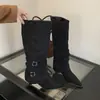 Botas de camurça com bico fino franzidas e empilhadas para mulheres, novo modelo outono e inverno 2026, botas longas e curtas de salto alto stiletto de uso duplo destacáveis