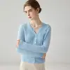 Suéter de punto de cachemira 100% pura, estilo francés, delicado encaje en cuello en V, cárdigan de manga larga para mujer, efecto adelgazante, top de punto de color liso