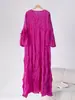 Vestido Plisado con Volantes para Mujer 2025 Otoño Nuevo Estilo Mangas de Campana Florales Color Sólido Cuello Redondo Pullover Vestido Largo