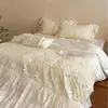 Juego de Ropa de Cama Romántico Estilo Francés Femenino Clase A Ultra Suave Algodón Tencel de Cuatro Piezas con Funda Nórdica de Encaje Plisado para Todas las Estaciones