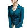 2022 Otoño Nueva Camiseta de Cuello Polo para Mujer Ajustada de Manga Larga con Cordón Sentido del Diseño Color Sólido Estilo Occidental Camiseta Básica de Primavera y Otoño