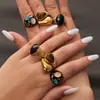 Anillo Abierto Estilo Lujo Ligero Transfronterizo Europeo y Americano con Goteo de Aceite Negro, Conjunto de Anillos Personalizados con Piedra de Ojo de Tigre, Acero Inoxidable Oro 18K
