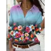 Camisa Casual Feminina Fina de Manga Longa com Gola Reversível e Estampa Floral 3D Vintage - Direto do Fabricante