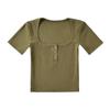 Estilo europeu e americano sexy hot girl colarinho quadrado três botões de cor sólida de manga curta top feminino linha de verão slim fit emagrecimento T-shirt