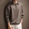 Moletom de alta qualidade estilo vintage old money com gola polo e mangas compridas para homens, outono, cor sólida, folgado, casual, básico para o dia a dia