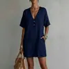Vestido de algodón y lino estilo bohemio de resort transfronterizo europeo y americano para mujer, verano 2026, escote en V profundo, medio botón, manga corta