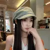 Boina de mezclilla estilo japonés vintage para mujer, adecuada para primavera y otoño, circunferencia de cabeza grande, sombrero apilado estilo artista, hace que la cara parezca más pequeña, gorra de periódico plisada tipo nube
