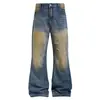 Calça jeans flare ripped amarela lavada com lama estilo americano, calça boca de sino vintage desgastada de cintura alta, modelagem solta e fluida, comprimento até o chão para homens