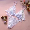 Conjunto de lingerie sexy feminino de três peças, sutiã transparente de renda com abertura na virilha, lingerie sexy, calcinhas femininas com abertura na virilha