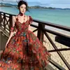 Atuendo de Viaje para Mujer en Yunnan, Vestido de Tirantes con Cuello en V Estilo Étnico, Vestido Largo Elegante con Ajuste en la Cintura Estilo A para Vacaciones en la Costa en Verano