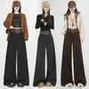 Calça de lã cinza escuro de perna larga para mulheres, novo estilo outono/inverno 2026, corte solto, emagrecimento, cintura alta, calça casual de perna reta, calça de perna larga
