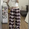 Pantalones casuales a cuadros retro americanos para hombre y mujer, cinturón de letras de verano, pantalones de pierna ancha empalmados, corte holgado, con caída, pierna recta, pantalones largos hasta el suelo