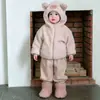 Casaco de Pelúcia Fofo e Quente para Meninas Bebês Outono Inverno com Capuz Forrado de Fleece Orelhas de Porquinho Tridimensionais Roupas de Algodão Espessadas
