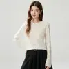Suéter de cachemira con cuello redondo, encaje de lentejuelas calado para mujer, suéter de punto de ganchillo holgado, capa base de estilo suave