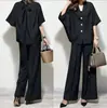 Em estoque: Novo conjunto de duas peças estilo japonês: cardigã solto com fenda nas costas e laço + calça solta de perna larga