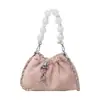 Bolsa Feminina 2024 Nova Bolsa Saco Simples Moda Feminina Tendência Bolsa Plissada Bolsa Transversal com Pérolas Bolsa de Cor Sólida com Corrente