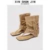 Sandalias de Tira Gruesa para Mujer, Nuevas Sandalias de Verano 2026, Botines Arrugados de Corte en V hasta la Mitad de la Pantorrilla para Combinar con Faldas, Botines