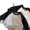 Camiseta de algodón 100% para niñas, con bloques de color, cuello redondo, manga larga, nueva moda de primavera y otoño, top elegante estampado para niñas mayores