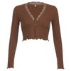 Camiseta corta elegante estilo francés con escote en V y manga larga para mujer, color liso, con borde de encaje y costuras de tiras en las axilas.