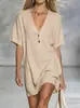 Vestido Casual Soltinho de Manga Curta com Decote V de Algodão e Linho, Marca Independente 2026, Estilo de Férias Europeu e Americano, Moda Imitação de Algodão e Linho para Mulheres
